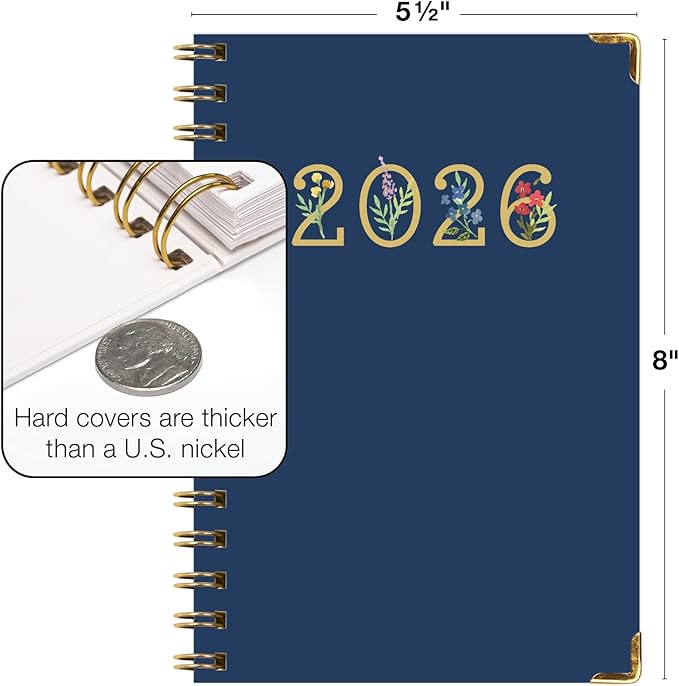 HARDCOVER 2026 Planner, 5.5"x8": 14 Months (November 2025 - December 2026), Daily Weekly Monthly Planner, Yearly Agenda, Bookmark, Pocket Folder and Sticky Note Set (Navy Gold Numbers)