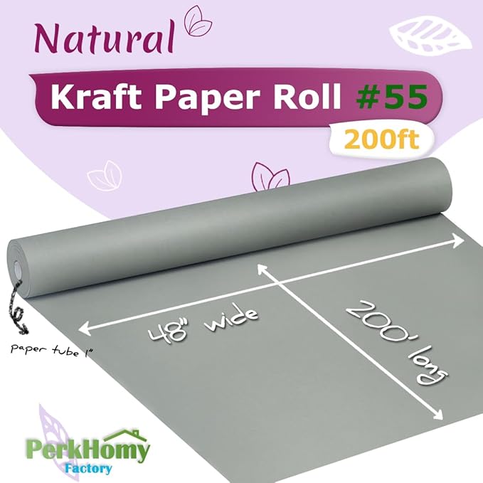 PerkHomy 48" x 2,400" (200') Light Grey Kraft Paper Roll for Craft Bulletin Board Paper Art Table Covering Crafting Gift Wrapping Bouquet Packing Parcel 80GSM 55LB (Light Grey, 48" x 200')