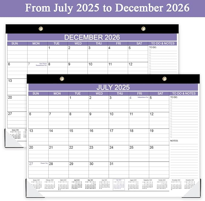 2025-2026 Desk Calendar - 18 Months Calendar from July 2025 - December 2026, Desk Calendar 2025-2026 with to-do List, 12" x 17", Purple