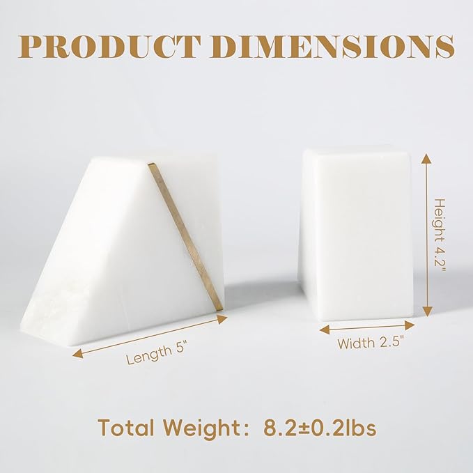 Natural Marble Bookends for Shelves, Decorative Book Ends for Heavy Books, Heavy Duty Mid Century Modern White and Gold Stone Book Holders with Brass Inlay, Unique Bookshelf Stopper Decor, Set of 2