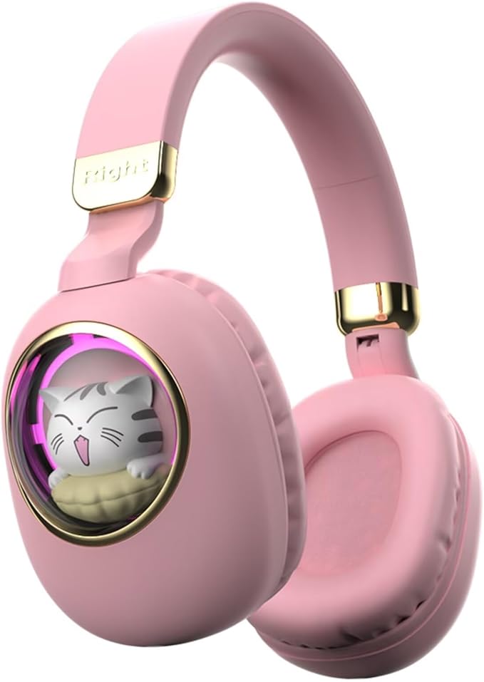 Girls Kids Headphones Wired - Pink Noise Cancelling Wireless Headphones for Kids for School - Over Ear Light Up Foldable Cat Bluetooth Gaming Headset with Microphone for iPad Kindle Tablet PC Travel
