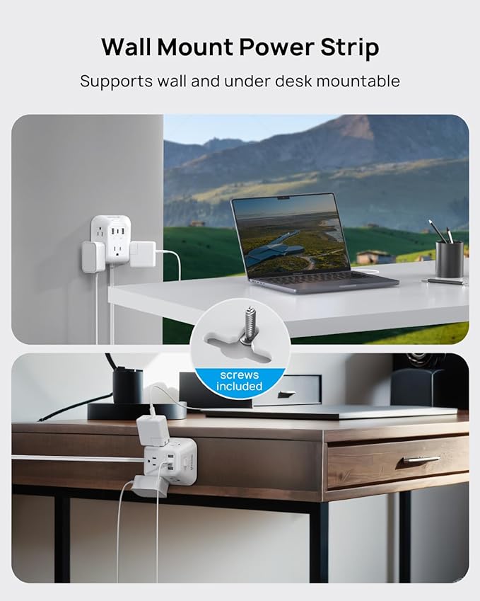 TROND Flat Extension Cord 10ft, Ultra Thin Flat Plug Power Strip, 5 Widely-Spaced AC Outlets and 3 USB Ports, 1440J Surge Protector, 3-Sided Wall Mount for Home Office Dorm Room, White