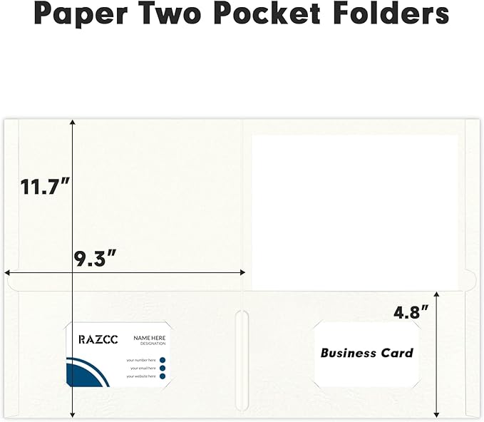 Two Pocket Folders, RAZCC 50 Pack 2 Pocket Folders Fit Letter Size Paper, Paper Folders with Pockets for School Office Business Home (White)