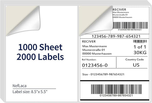 8.5" x 5.5" Half Page Self Adhesive Shipping Label, Compatible Laser & Inkjet Printers, White, 2 Labels Per Sheet(1000 Sheet Total 2000 Labels)