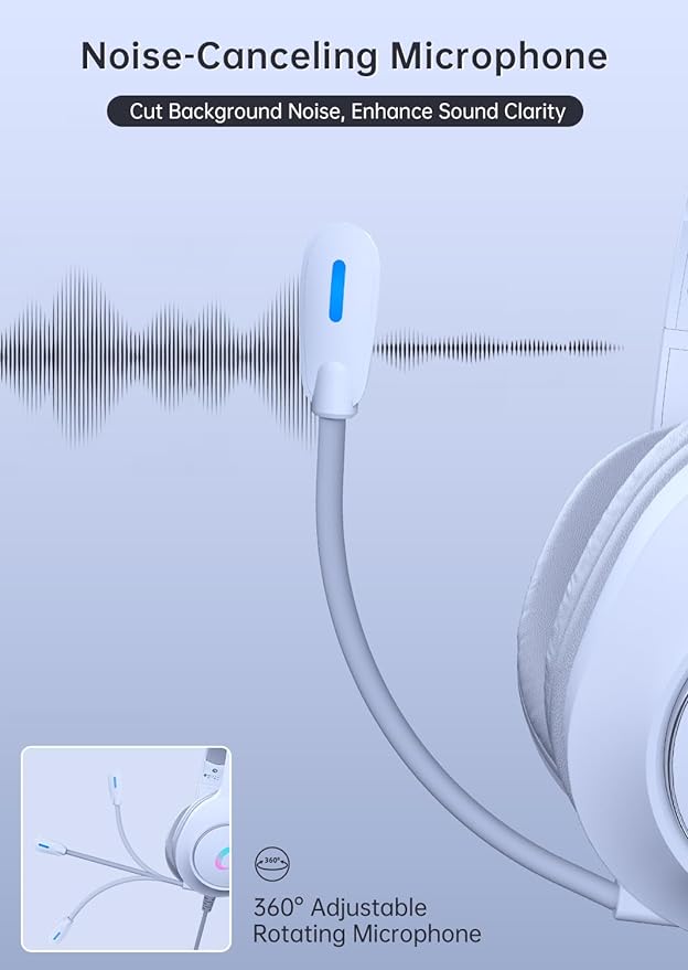 CM7002 Gaming Headset for PS5, PS4, PC, Mac, Switch, Xbox Series, Surround Sound RGB Gaming Headphones with Noise Canceling Microphone, 50MM Dynamic Drivers, 3.5MM Audio Jack, Light White