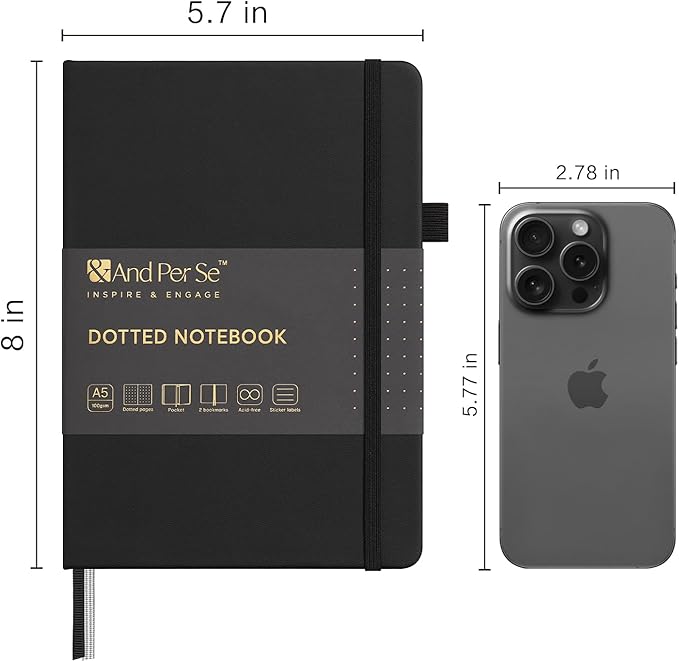 &And Per Se Dotted Journal Notebook, A5 Hardcover Leather Bullet Dotted Journal, 160 Pages 100 gsm Thick Dotted Paper，3 Sheets of Stickers Included (Black)