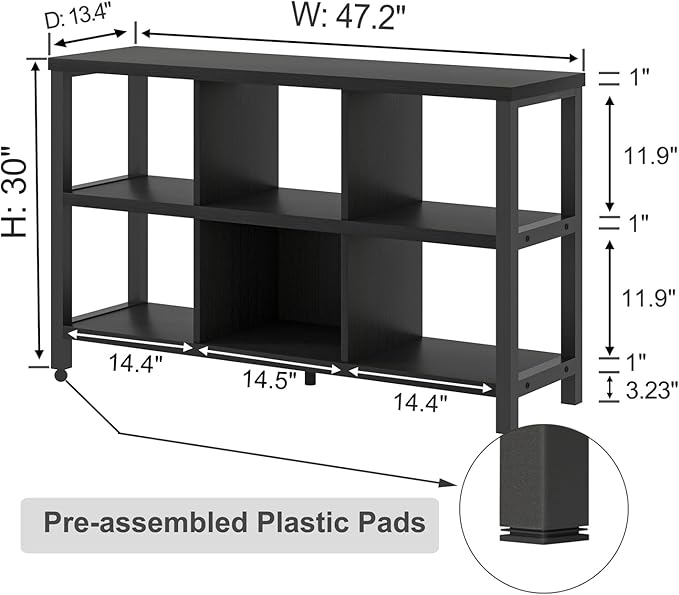 FOLUBAN Industrial 6 Cube Storage Organizer Bookshelf, Wood and Metal Cubby Bookcase, Horizontal Open Book Shelf for Bedroom Living Room, Black Oak, 47 Inch