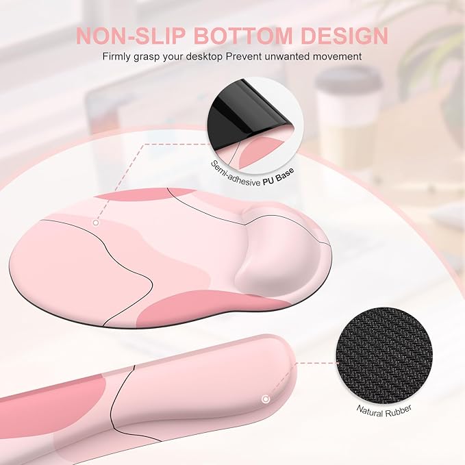 iCasso Large Gaming Mouse Pad Wrist Support Set, Desk Mat, 4in1 XXL Mousepad + Keyboard Wrist Rest+Mouse Wrist Rest+Coaster Set with Ergonomic Design for Home Office Table Computer-Pink Art