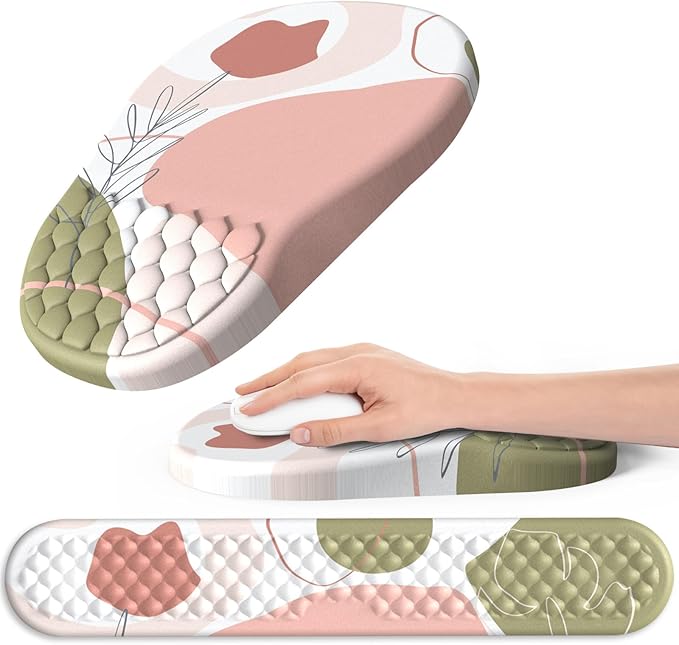 Ergonomic Mouse Pad and Keyboard Wrist Rest with Massage Design, Space-Saving Mouse Pad Wrist Support, Memory Foam Wrist Rest with Non-Slip PU Base for Computer Desk, Rose