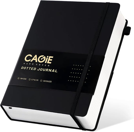CAGIE Bullet Dotted Journal Notebook 320 Pages 100 GSM Paper Hardcover A5 Dot Grid Notebook Leather Journals for Writing Women Men Work Journaling, Black
