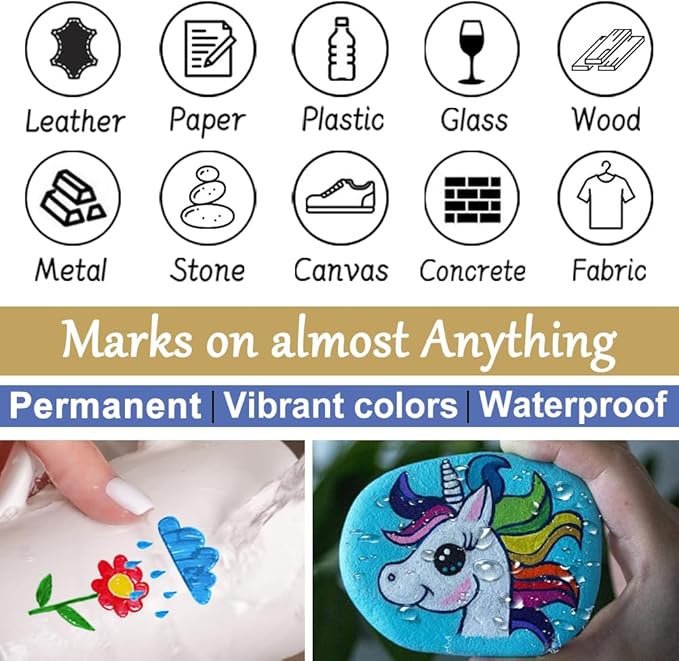 Overseas Paint Markers Pens, 12 Colors Painting Marker on Almost Anything, Quick Dry and Permanent, Oil-Based Paint Pens Set for Rock, Wood, Metal, Fabric, Plastic, Canvas, Glass, Rubber, DIY Craft