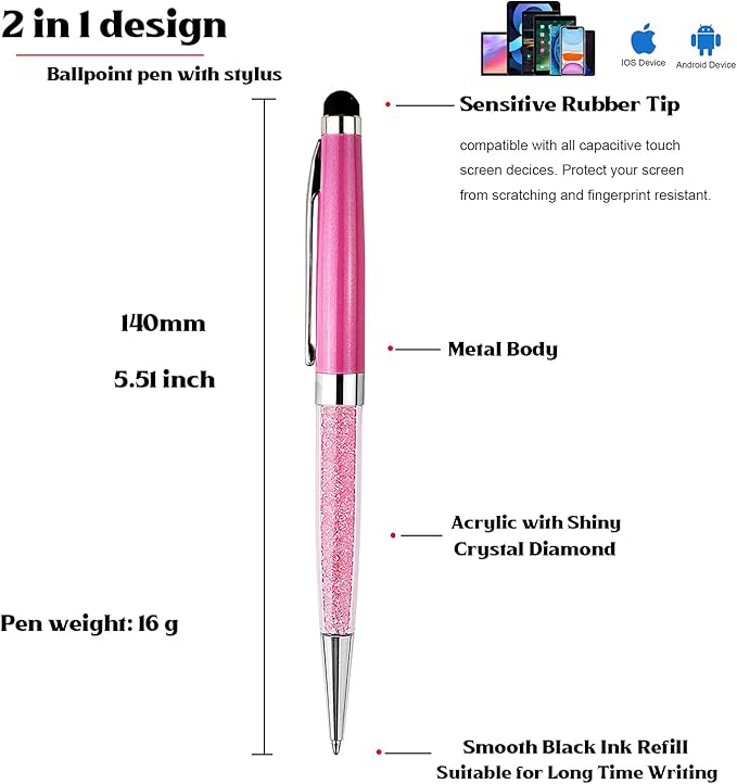 Ancolo Personalized Crystal Pens with Stylus Tip, Office Writing Set- Engraved with Your Message Name Company Team Name, Gift for Women Girl 10 Pens/Box (Pink)