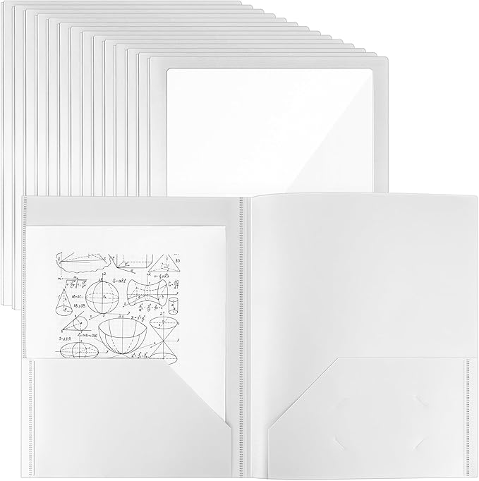 Teling 24 Pcs Plastic Folders with Front Clear Pocket and Business Card Holder 2 Pocket Heavy Duty Folders Plastic Letter Size Paper for Business School Office Supplies (White)
