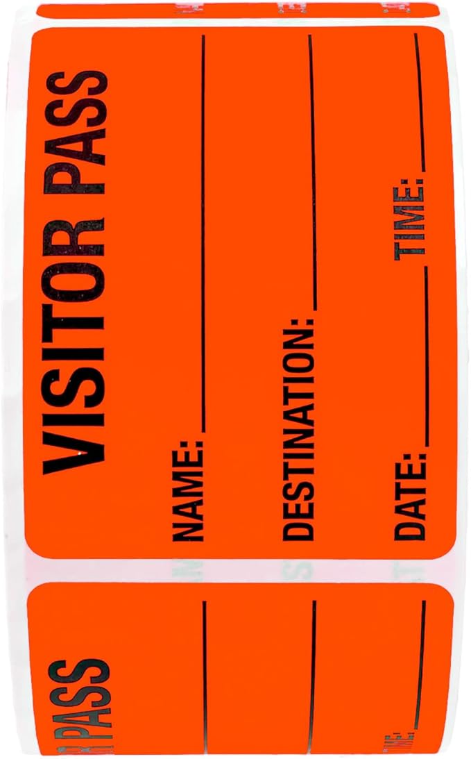 Red Visitor Pass / 500 Fluorescent Red Visitor Identification Stickers / 2" x 3" Rectangle Guest Label Badges/Made in The USA