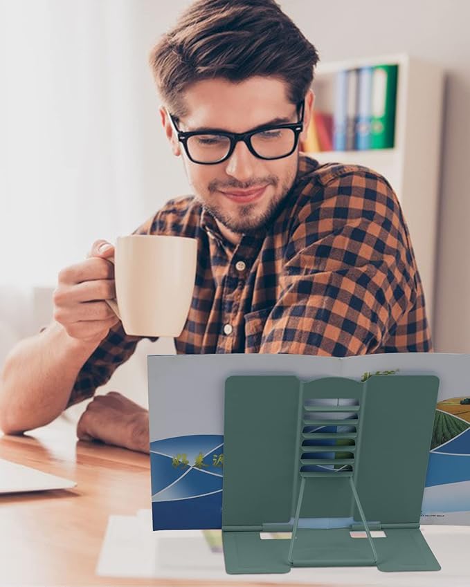 MSDADA Desk Book Stand, Metal Reading Book Stand Adjustable Cookbook Holder for Textbooks Recipes Music Books Tablet-with Page Clips(Morandi Green)