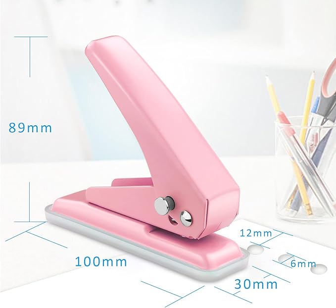 Single Hole Puncher Handheld 1/4 Inches Hole Punch, 20 Sheet Paper Punch Capacity Metal Hole Puncher with Skid-Resistant Base for Paper, Chipboard, Art Project, Pink