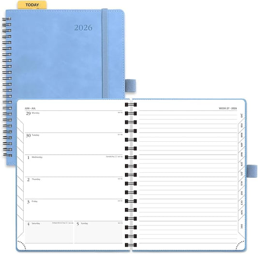 POPRUN 2026 Planner Weekly Notebook (Jan-Dec), Medium 8.5''x 6.5'' - Agenda 2026 Calendar Book with Monthly Tabs, Inner Pocket, Spiral Soft Cover, 100 GSM - Cerulean Blue