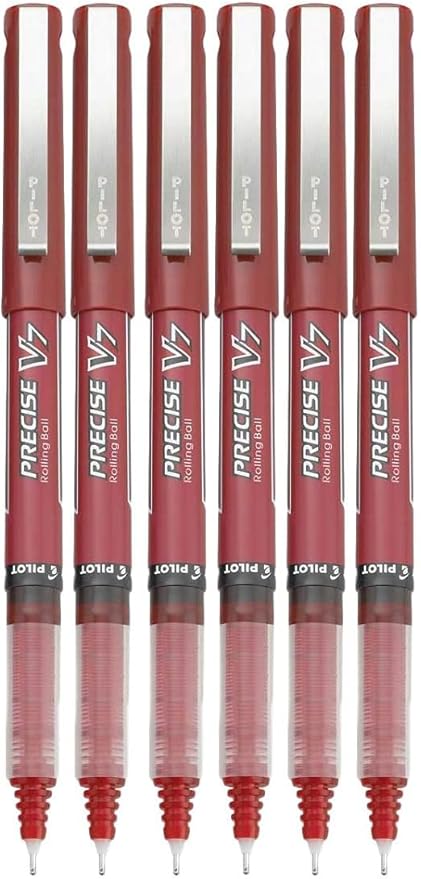 Precise V7 Stick Rolling Ball Pens, Fine Point (.7mm), Red Ink, 6-pk; Bundle with Plastic Reusable Pouch