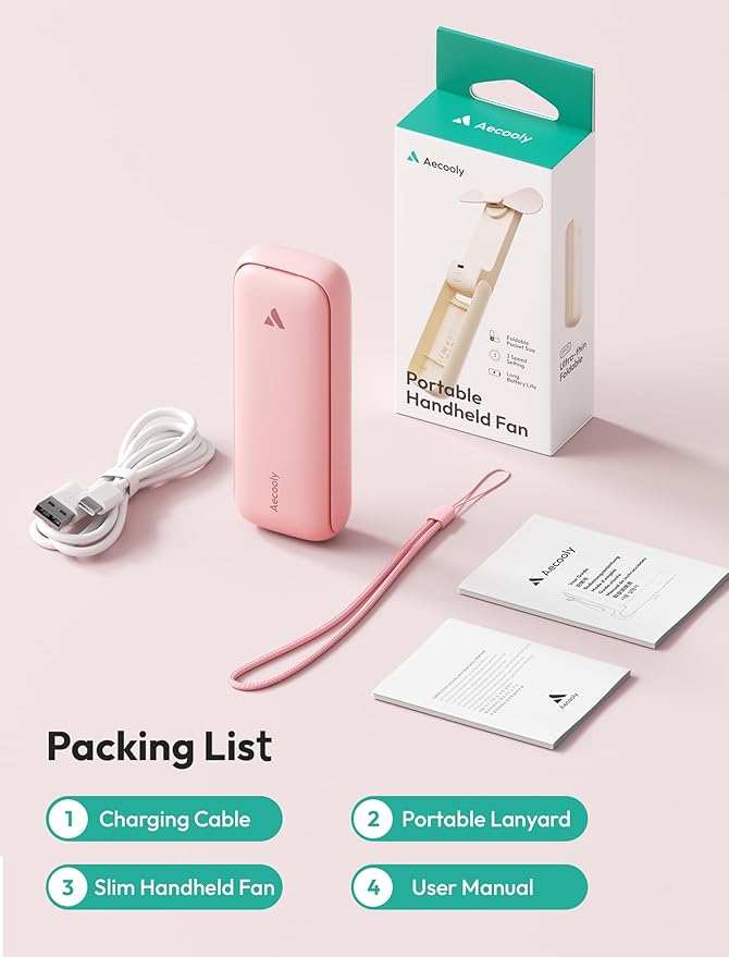 Aecooly Slim Handheld Fan, Mini Thin Portable Fan, Small Rechargeable Pocket [24H Max Cooling Time], Battery Powered Foldable Personal for Travel, Summer, Gifts for Women, Girls -Pink