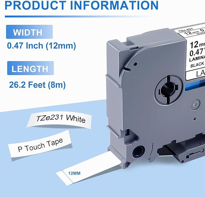 10 Pack Label Maker Tape Replacement for TZe-231 TZe231 Laminated White P Touch Label Tape, 12mm x 8m, Black on White, Compatible with Brother P Touch Label Maker PTD210 PT-H110 PT-D400