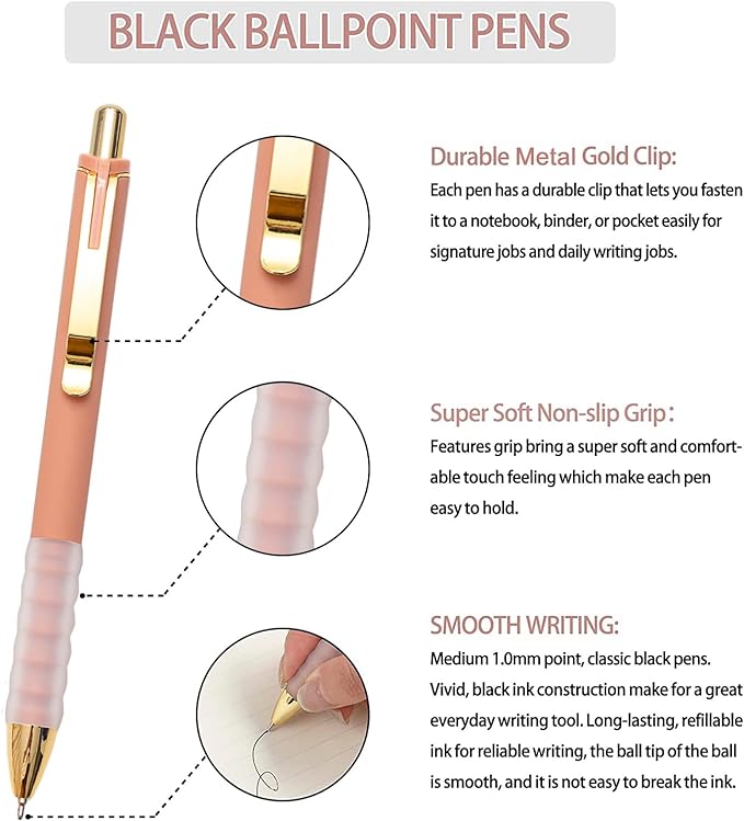 Linbsunne Ballpoint Pens Black Medium Point 1mm Pen with Super Soft Grip Ball Point Pen for Men Women Retractable Pens (gold-12 pcs)
