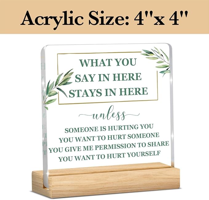 Therapy Office Decor, Confidentiality Counseling Office Decor, School Counselor Gifts, Gifts for Women Psychologist School Counselor, Acrylic Sign with Wooden Stand for Halloween Christmas Gift