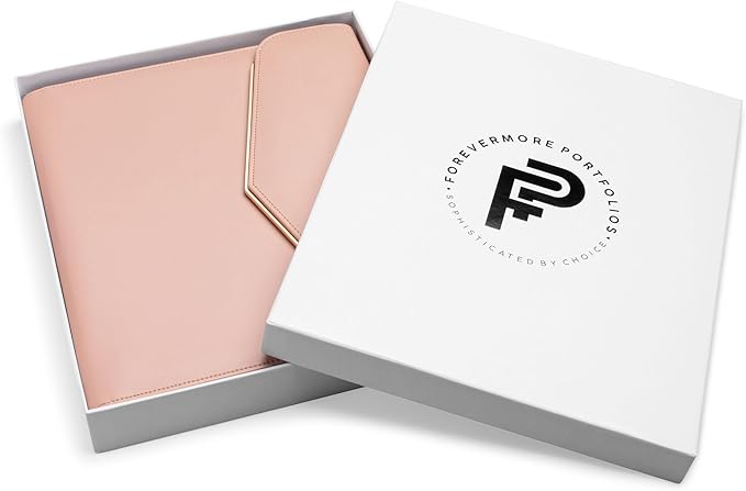 FOREVERMORE PORTFOLIOS Padfolio Binder Organizer for Women | Faux Leather Portfolio Folder for Resume, Documents, Notebook, Tablet and Business Cards | Notepad Included - Pink with Gold Edge