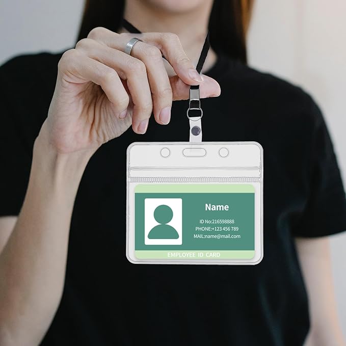 RexID 50 Pcs Horizontal ID Holder Badges Name Tags,Waterproof Clear Plastic ID Card Holders with Black Lanyard (50 Pcs (Horizontal), Black)