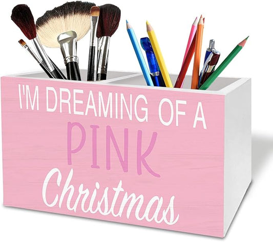 Pink Christmas Pen Holder for Desk, I'm Dreaming of a Pink Christmas Wooden Box Sign Desk Decor for Girls Bedroom Home Office Decoration, Preppy Xmas Pencil Organizer