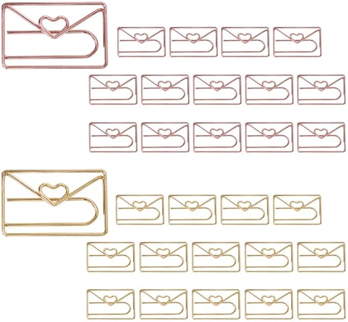 OWLFAVO 30pcs Envelope Shape Paper Clips with Clear Box, Rose Gold and Yellow Gold, Funny Cute Paperclips Bookmarks Planner Clips for Fun Office Supplies School Gifts Wedding Decoration