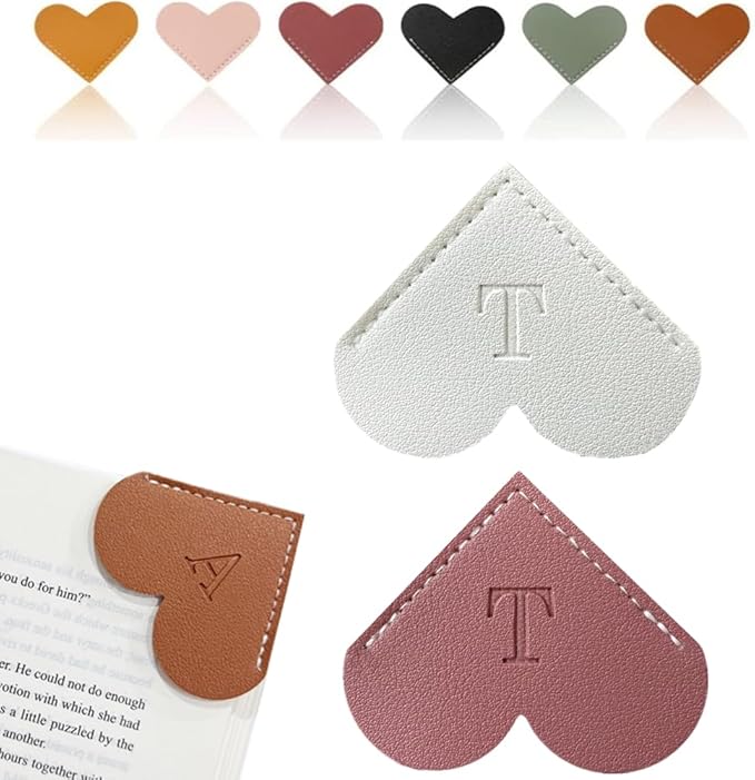 Personalized Leather Heart Bookmark, 26 Letters Customized Corner Book Mark for Reading Women, Book Marker with Initials，Cute Gifts (White+Deep Pink, T)