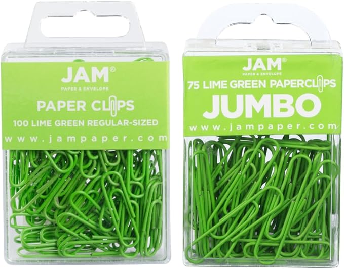 JAM PAPER Combo Pack Colorful Paper Clips - Standard & Jumbo - Lime Green Paperclips - 1 Pack of 100 & 1 Pack of 75