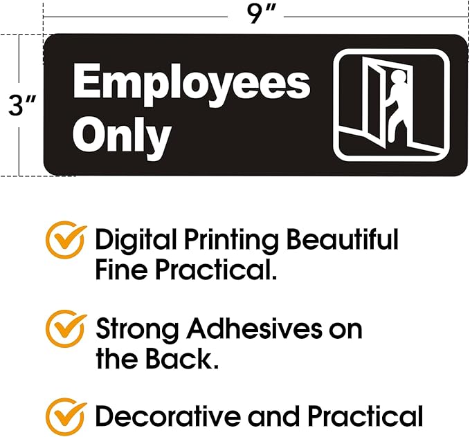 "Employee Only" Informative Acrylic Plastic Sign with Symbols, (4 Pack) 9 X 3 Inch, Self Adhesive, Use for Office/Business, Easy to Apply, White Big Letters on Black Plate