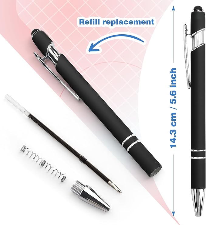 Bribobo 8 Pack Black Ballpoint Pen 2-in-1 Stylus - Retractable Metal Pen With Stylus Tip for Touch Screens, 1.0 mm Black Ink