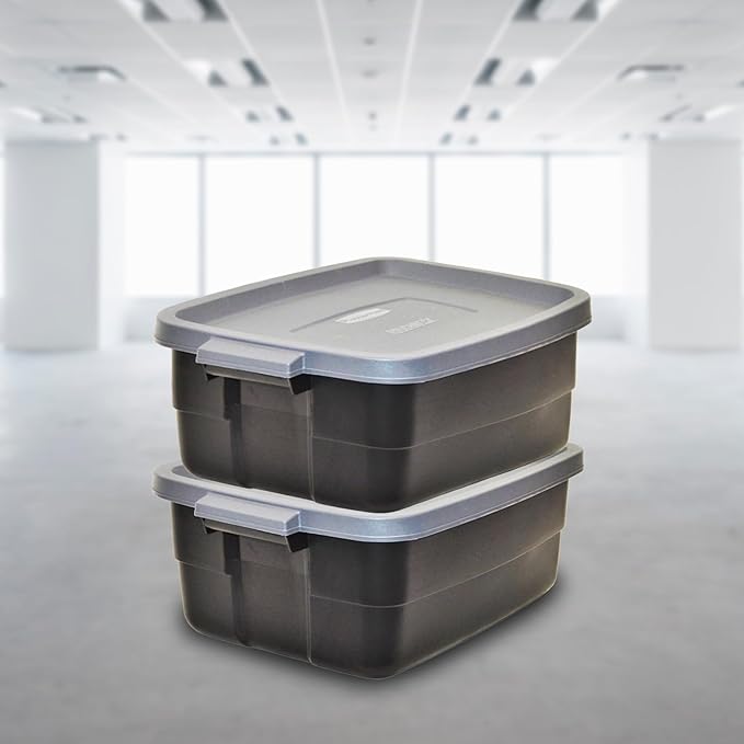 Rubbermaid 6-Pack Totes for Storage with Lids, Heavy Duty Plastic Storage Bins with Lids, Black Gray, 10 GAL - Stackable for Garage, Attic, Camping (10 GAL - 6 Pack Solid Black and Grey)