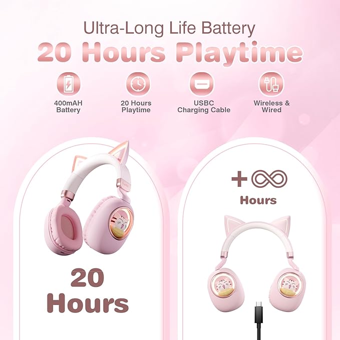 Pink Cat Ear Headphones for Kids, Cute Children Girl Wireless Bluetooth Headphones for School, Kindergarten Light up Kawaii Kitty Noise Cancelling Headphones for Kids Teens Child Airplane