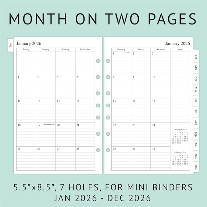 newestor 2026 Weekly & Monthly Planner Refill, 5-1/2" x 8-1/2", Jan 2026 to Dec 2026, 7-Hole Punched for Mini Binders