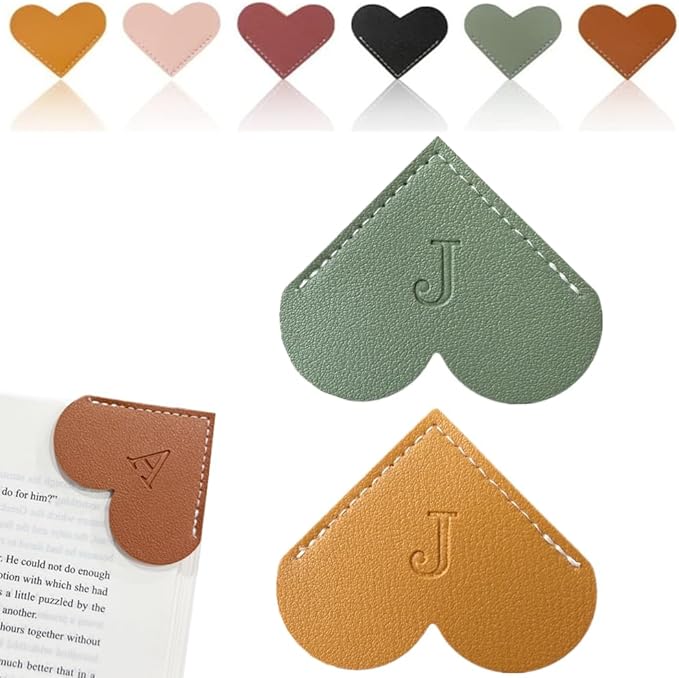 Personalized Leather Heart Bookmark, 26 Letters Customized Corner Book Mark for Reading Women, Book Marker with Initials，Cute Gifts (Green+Light Brown, J)