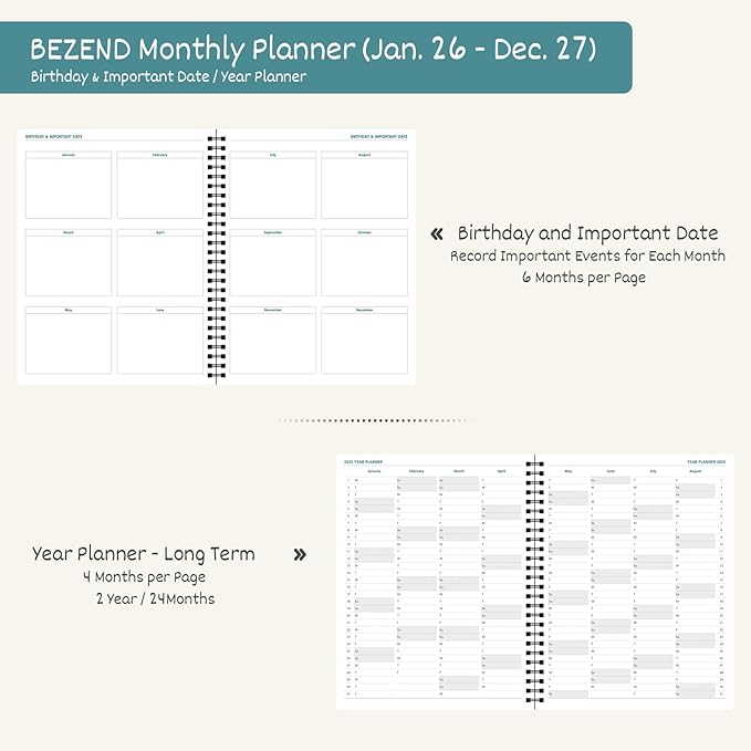 BEZEND Monthly Planner 2026-2027 (Spiral-7" x 9") 2 Year Calendar Book with Note Pages - Jan 26 to Dec 27-120 GSM Paper, Inner Pockets, Laminated Tabs, Vegan Leather Softcover - Blueberry