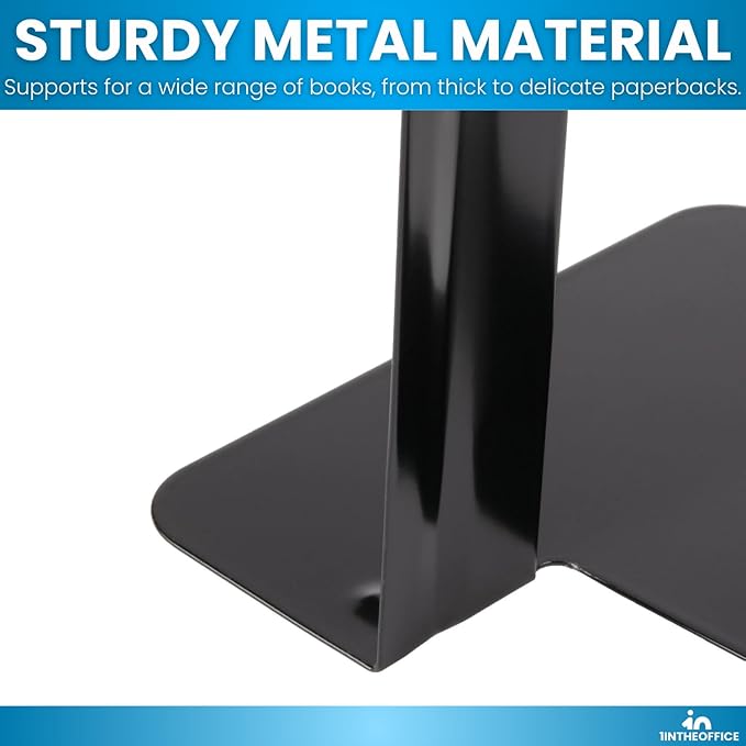 1InTheOffice Bookends for Shelves, Metal Bookends, 5 1/4" x 4 3/4" x 5", Non-Slip, Black, 4 Pack