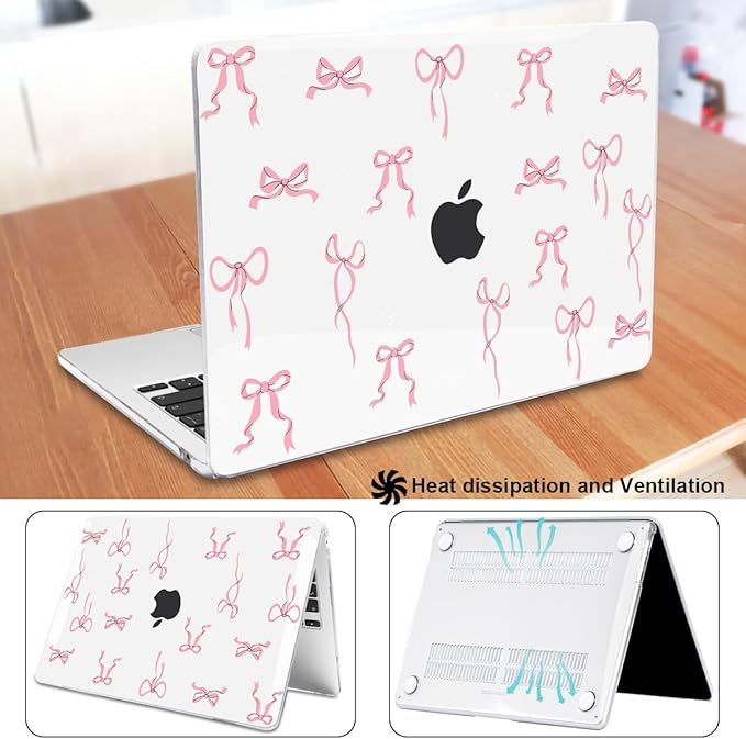 for 2025 M4 MacBook Air 13.6 inch Case 2024 M3 A3113 2022 2023 A2681 M2 Chip,Crystal Plastic Pattern Hard Case Keyboard Cover Screen Film for MacBook Air 13.6 M4 A3240 Touch ID, Pink Bowknot