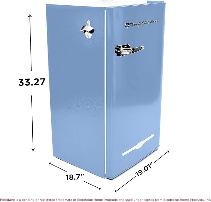 Frigidaire Retro Compact Fridge with Chiller, 3.2 cu ft Countertop Fridge with Built-In Bottle Opener, Compact Refrigerator for Office, Bedroom, Dorm Room or Cabin - 16.5" D x 19" W x 31" H (Blue)