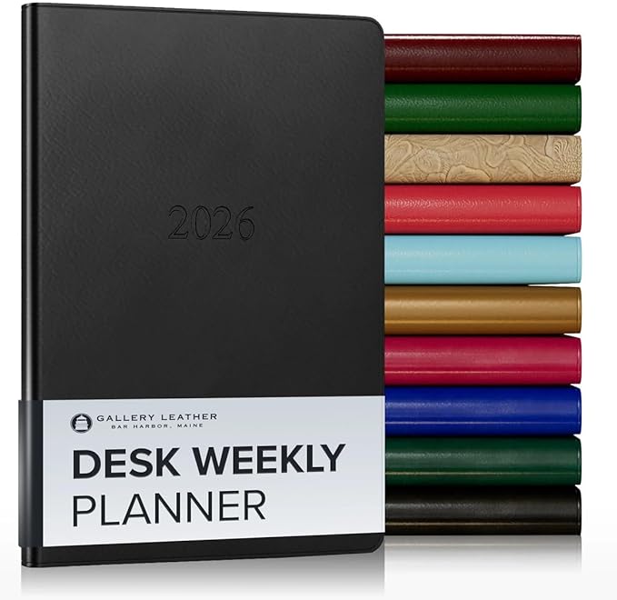Gallery Leather Desk Weekly Monthly Planner 2025-2026, Elegantly Bound Calendar Planner and Notebook with Stylish Gold-Gilded Page Edges, 12 Months - Freeport Black - 8 x 5.5 "