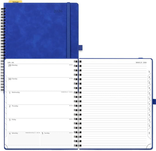 POPRUN 2026 Planner Weekly Notebook Calendar (Jan-Dec), Large Size 8.5'' x 10.5'' - Agenda 2026 Appointment Book with Monthly Tabs, Inner Pocket, Spiral Soft Cover, 100 GSM - Royal Blue