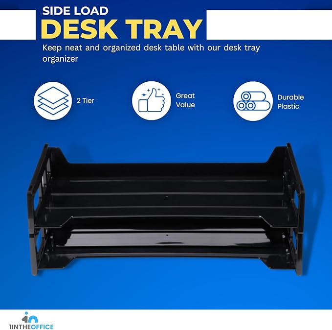 1InTheOffice Desk Organizer Tray, Stackable Paper Tray, Letter Tray Desk Organizer, 2-Tier, Letter Size, Side Load, Black