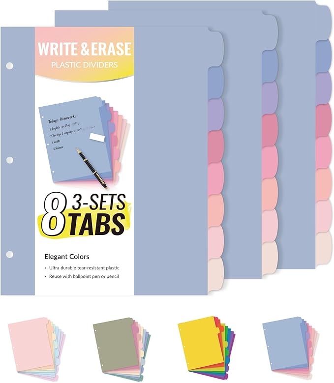 Sooez 8 Tabs Long-Lasting Plastic Write & Erase Large Tabs Dividers for 3 Ring Binder, Aesthetic Cute Pastels Binder Dividers for Student, Teacher, Office, Home Organizers, 3 Sets, Muted