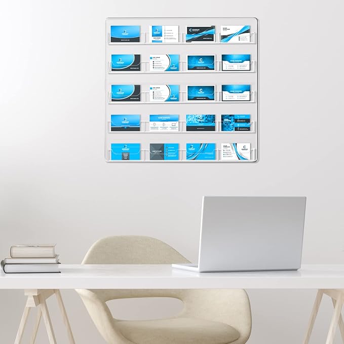 Hillban Acrylic Business Card Holder Wall Mount Clear Sticker Display Rack Multiple Card Holders Clear Acrylic Organizing Sticker Display Stand Pre Drilled(20 Pockets)