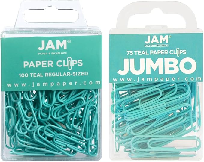 JAM PAPER Combo Pack Colorful Paper Clips - Standard & Jumbo - Teal Paperclips - 1 Pack of 100 & 1 Pack of 75