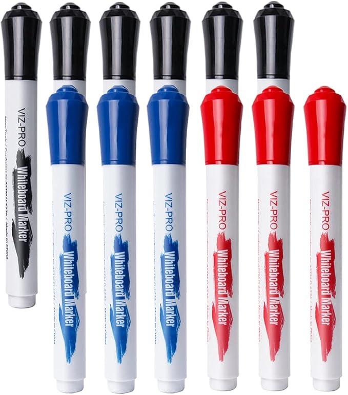 VIZ-PRO Dry Erase Markers, Fine Bullet Tip, 3 Assorted Colors, 12-Count Low-Odor Whiteboard Pens