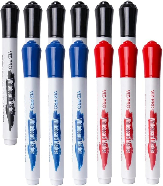 VIZ-PRO Dry Erase Markers, Fine Bullet Tip, 3 Assorted Colors, 12-Count Low-Odor Whiteboard Pens
